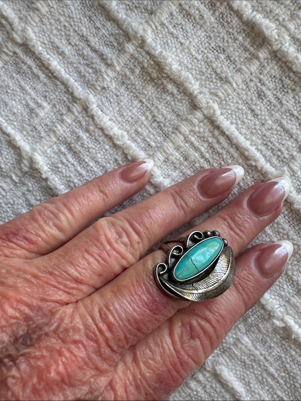 NAVAHO OLD PAWN Sterling Silver Turquoise Statement Ring - Blue Green Stone
